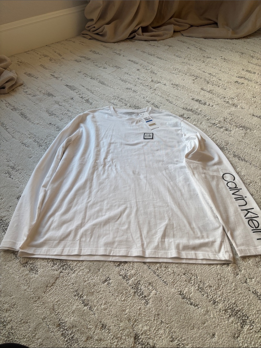 Calvin Klein White Long Sleeve Logo Tee with Sleeve Branding